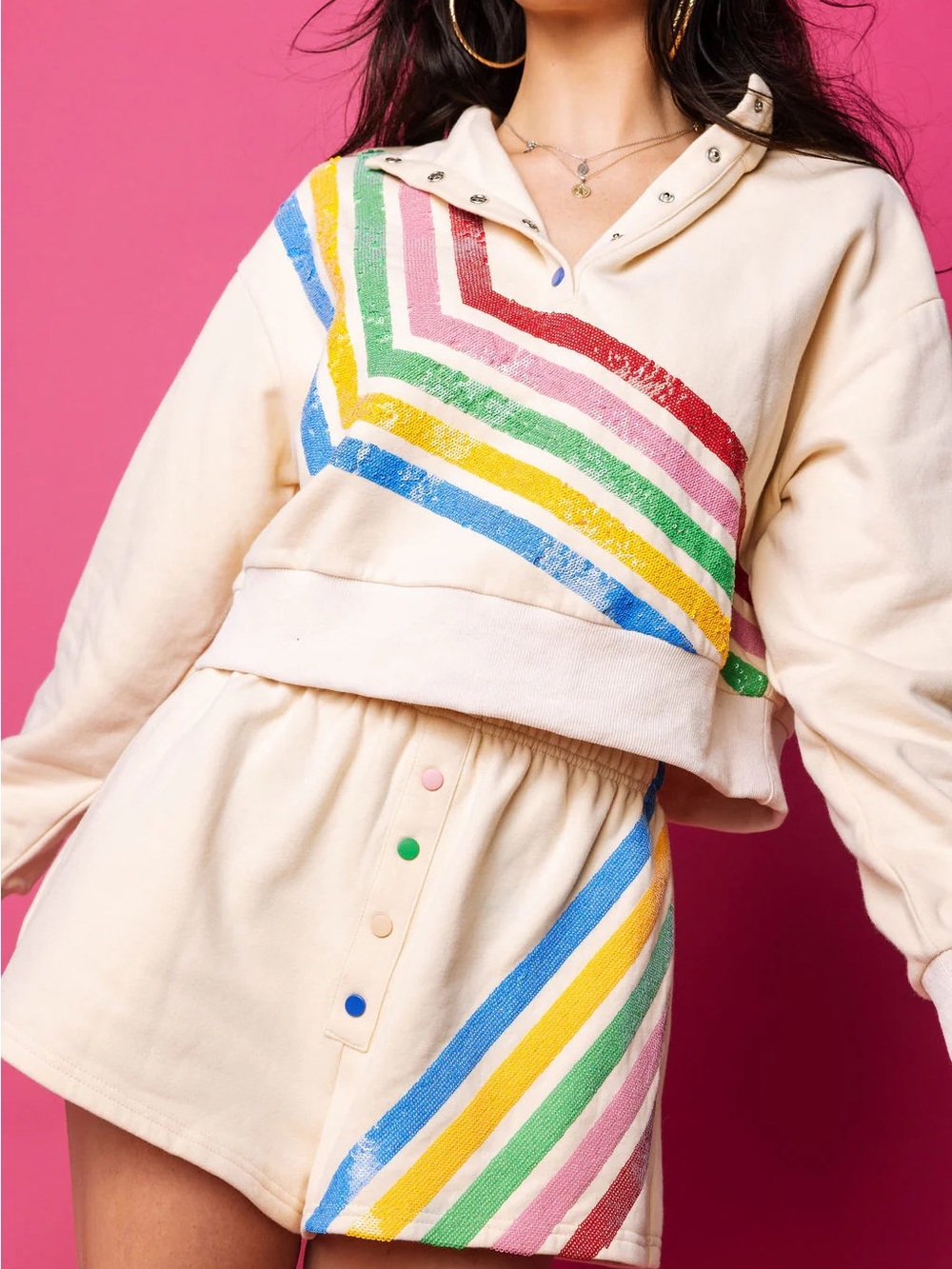 QUEEN OF SPARKLES Cream Rainbow Stripe Cropped Hoodie & Skort Set